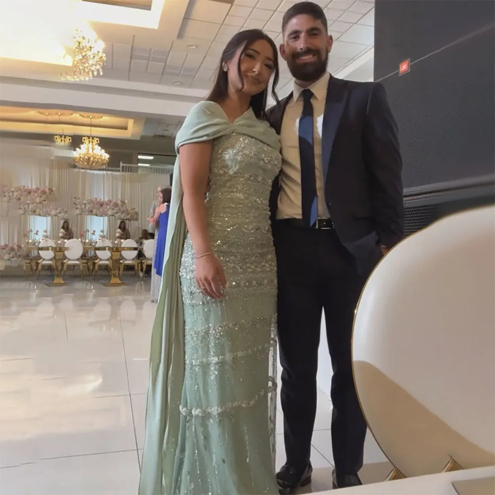 Luxury Sage Green Beaded Evening Dress with Cape LA72126B