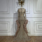 Modest Pink Feathers Long Cape Sleeves Mermaid Evening Dress LA72708A