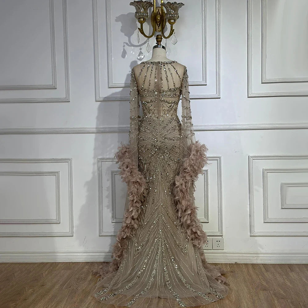 Modest Pink Feathers Long Cape Sleeves Mermaid Evening Dress LA72708A
