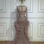 Modest Pink Feathers Long Cape Sleeves Mermaid Evening Dress LA72708A