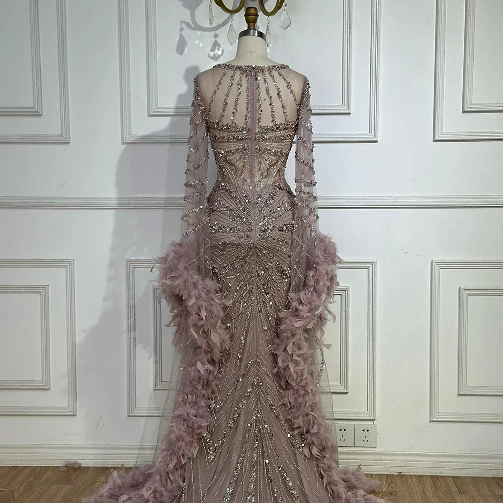 Modest Pink Feathers Long Cape Sleeves Mermaid Evening Dress LA72708A