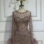 Modest Pink Feathers Long Cape Sleeves Mermaid Evening Dress LA72708A