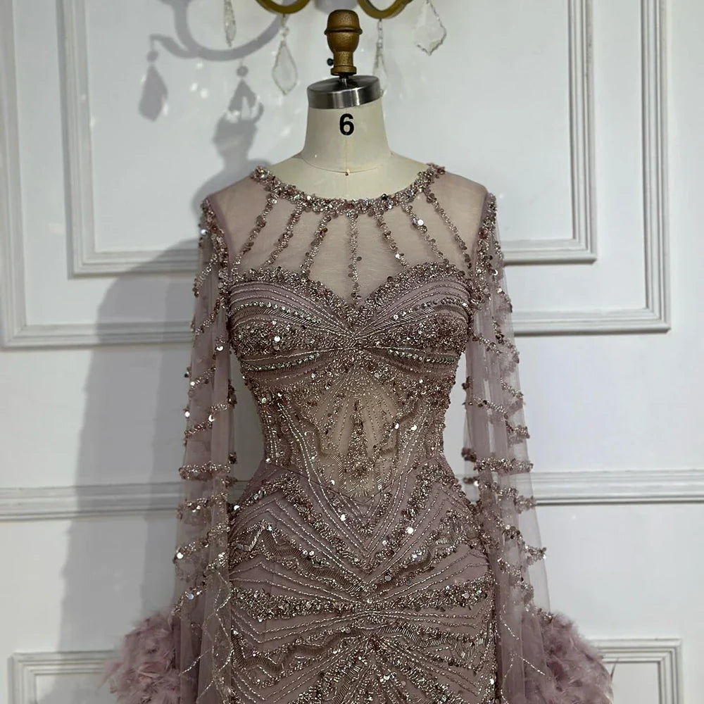 Modest Pink Feathers Long Cape Sleeves Mermaid Evening Dress LA72708A