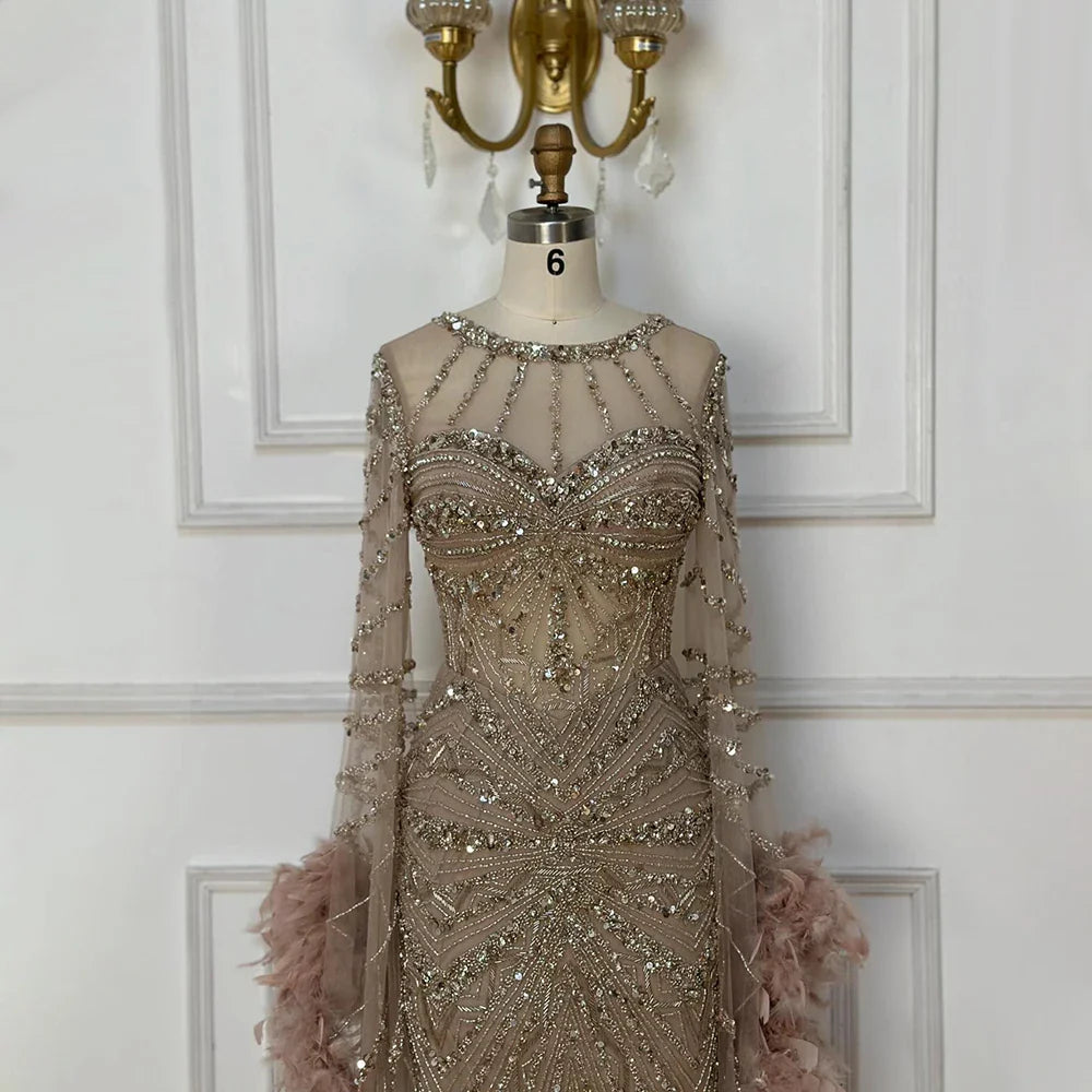 Modest Pink Feathers Long Cape Sleeves Mermaid Evening Dress LA72708A