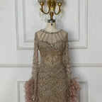 Modest Pink Feathers Long Cape Sleeves Mermaid Evening Dress LA72708A