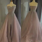 Luxury Dubai Nude Beaded Mermaid Evening Dress with Overskirt LA72811