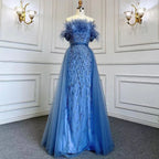 Dubai Luxury Beaded Blue Mermaid Evening Dress Gown with Overskirt LA71634