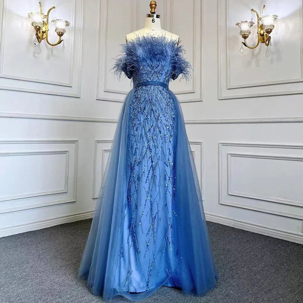 Dubai Luxury Beaded Blue Mermaid Evening Dress Gown with Overskirt LA71634