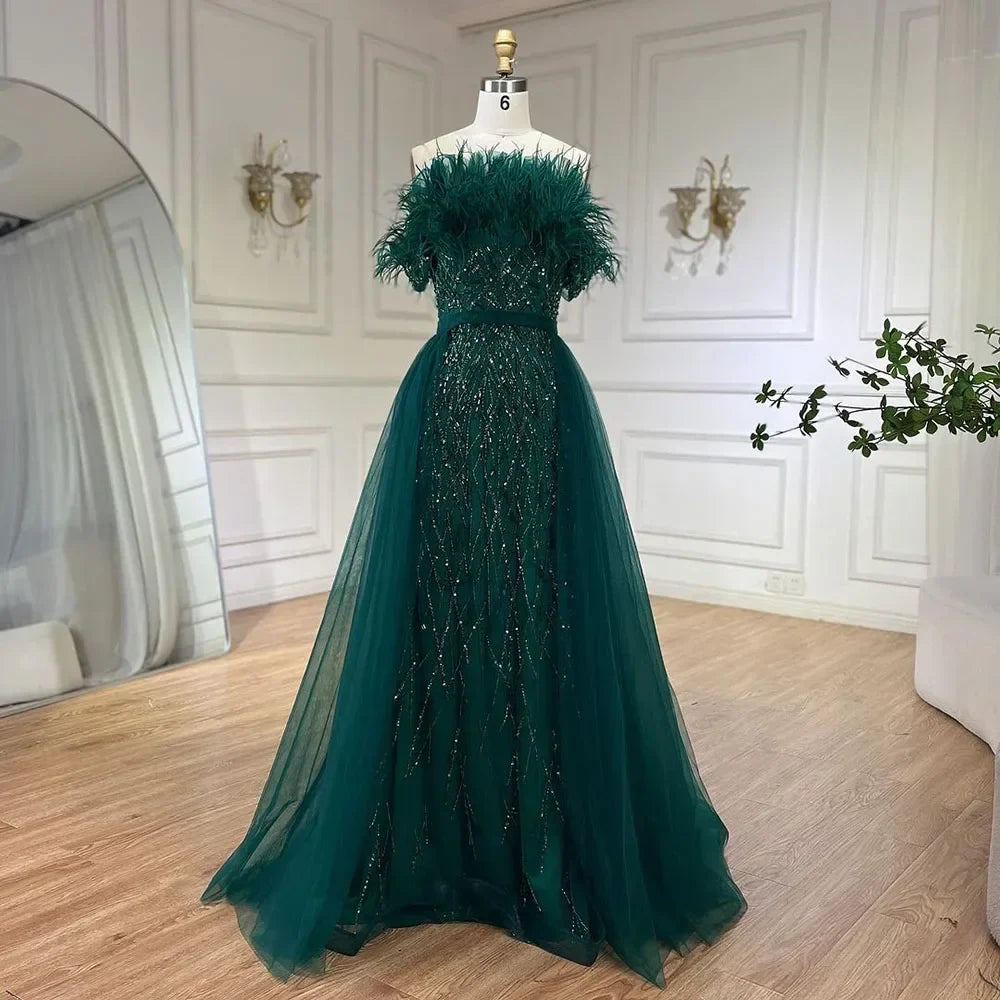 Dubai Luxury Beaded Blue Mermaid Evening Dress Gown with Overskirt LA71634