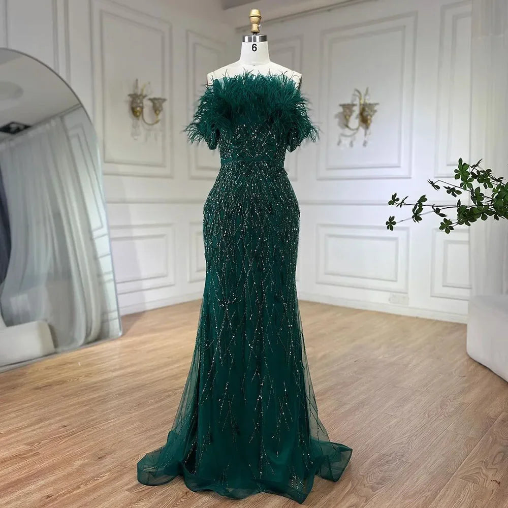 Dubai Luxury Beaded Blue Mermaid Evening Dress Gown with Overskirt LA71634
