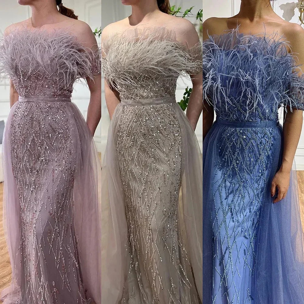 Dubai Luxury Beaded Blue Mermaid Evening Dress Gown with Overskirt LA71634