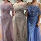Dubai Luxury Beaded Blue Mermaid Evening Dress Gown with Overskirt LA71634