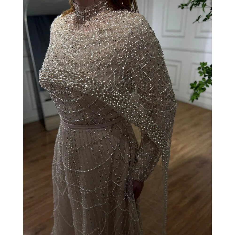 Luxury Modest Sage Green Evening Dress with Pearls LA72032B