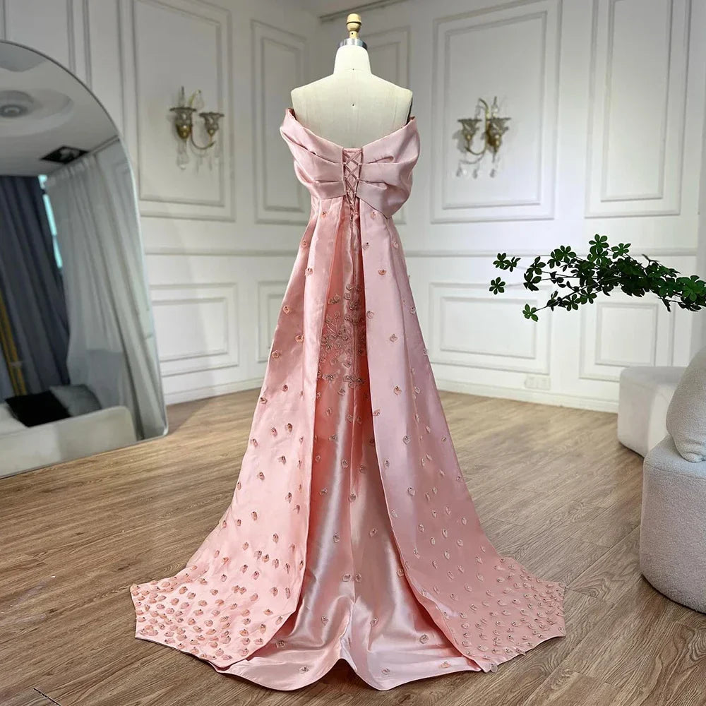 Luxury Peach Satin Mermaid Evening Dress with Appliques LA72483