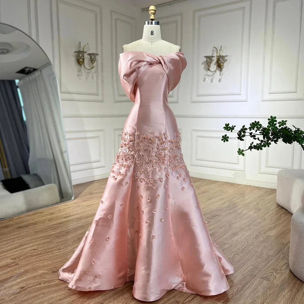 Luxury Peach Satin Mermaid Evening Dress with Appliques LA72483