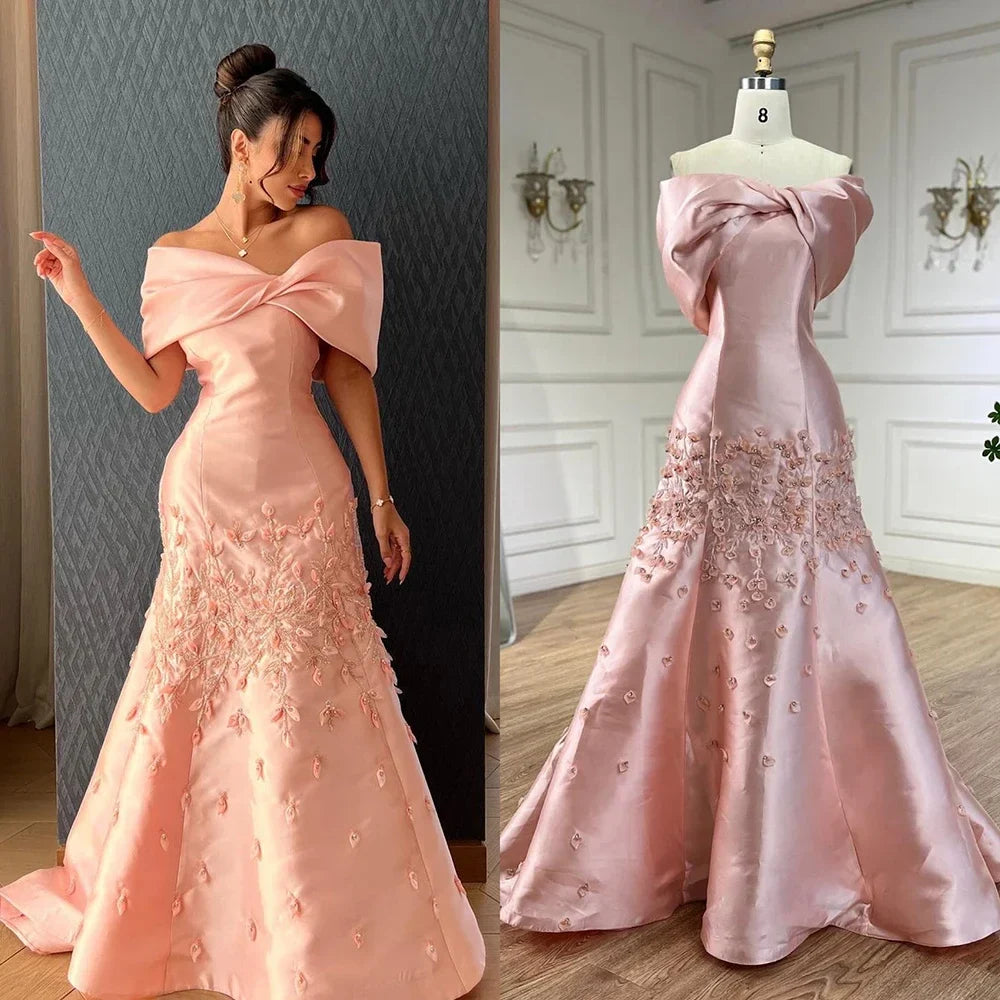 Luxury Peach Satin Mermaid Evening Dress with Appliques LA72483
