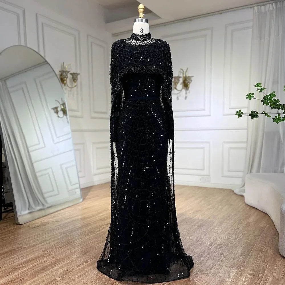 Muslim Long Cape Dubai Crystal Beaded Evening Gown LA72032M