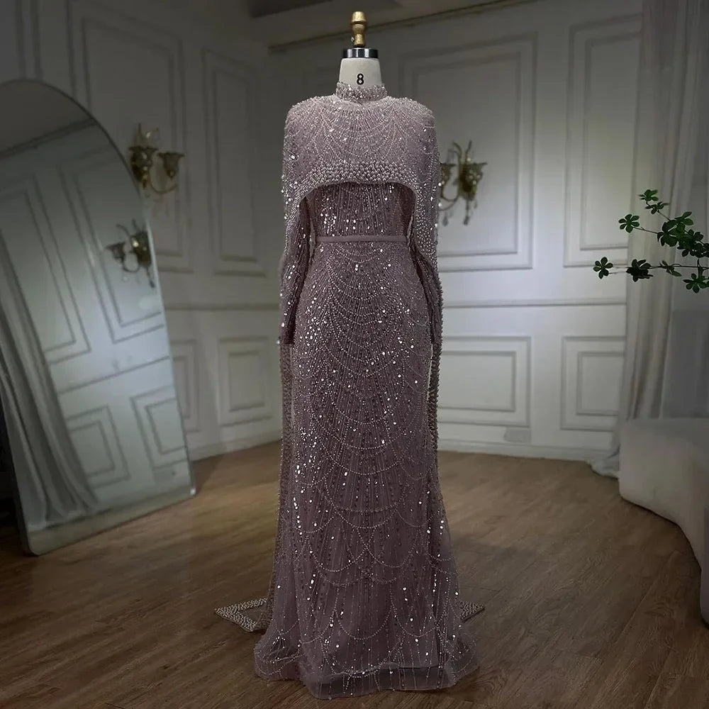 Muslim Long Cape Dubai Crystal Beaded Evening Gown LA72032M