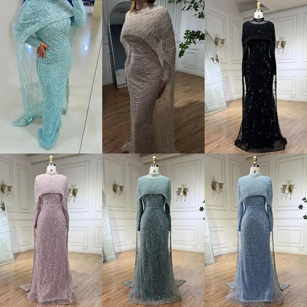 Muslim Long Cape Dubai Crystal Beaded Evening Gown LA72032M