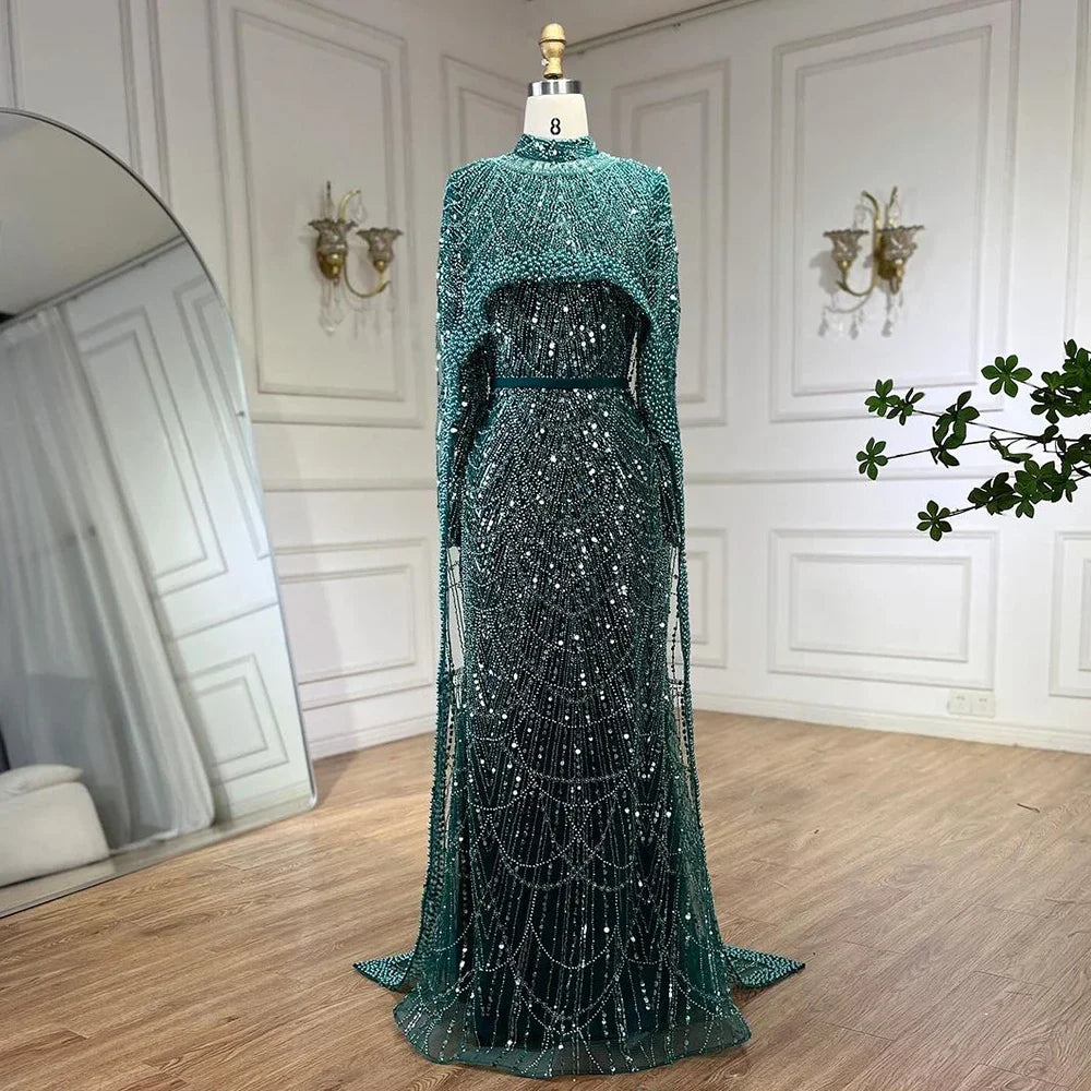 Muslim Long Cape Dubai Crystal Beaded Evening Gown LA72032M