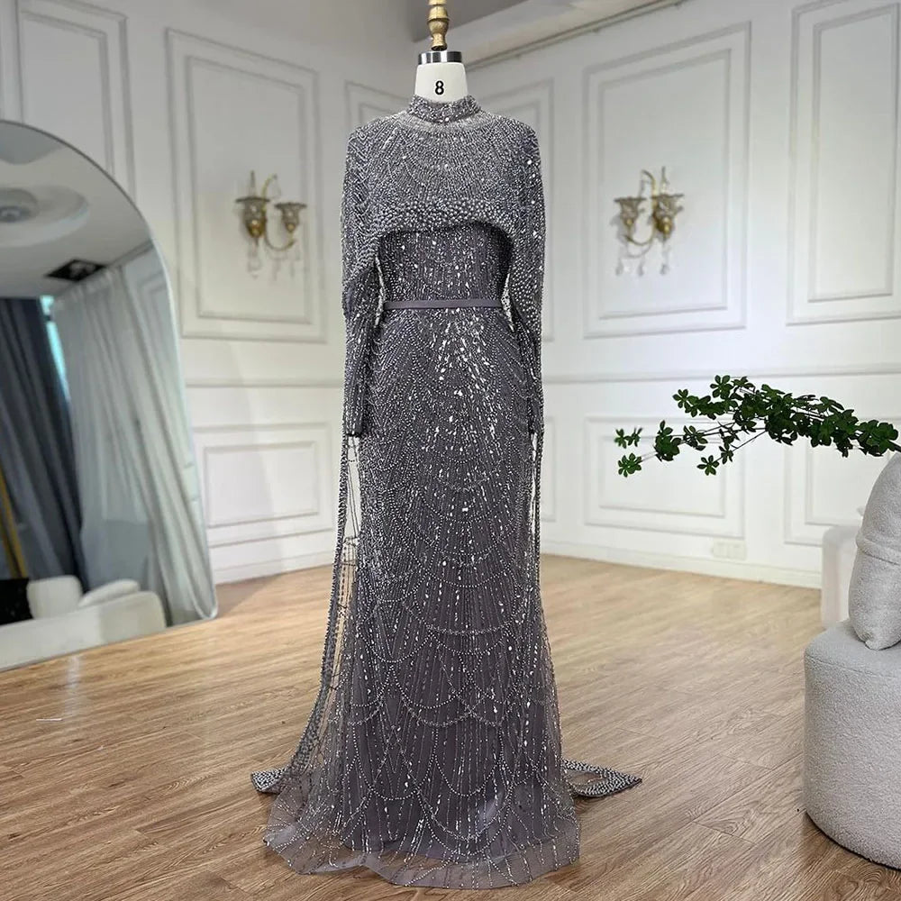 Muslim Long Cape Dubai Crystal Beaded Evening Gown LA72032M