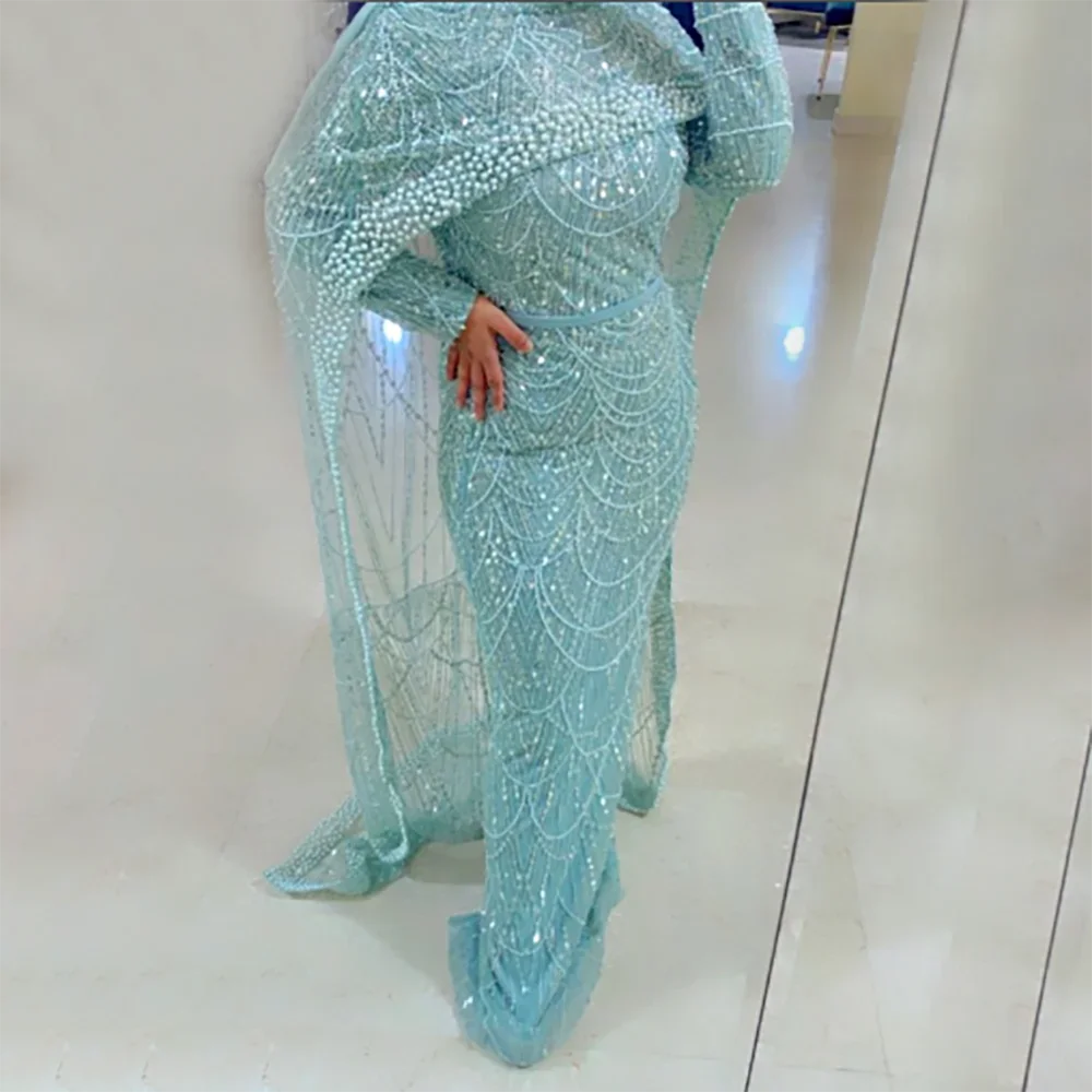 Muslim Long Cape Dubai Crystal Beaded Evening Gown LA72032M