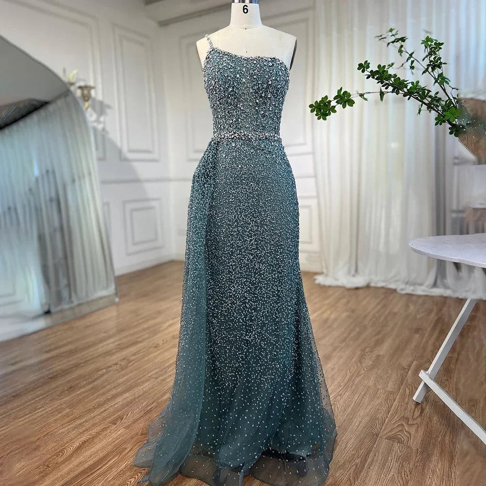 Sparkly Crystal Turquoise One Shoulder Evening Dress LA72144
