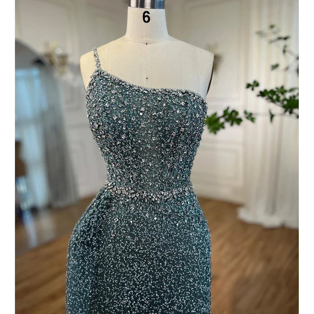 Sparkly Crystal Turquoise One Shoulder Evening Dress LA72144