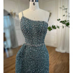 Sparkly Crystal Turquoise One Shoulder Evening Dress LA72144