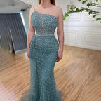 Sparkly Crystal Turquoise One Shoulder Evening Dress LA72144