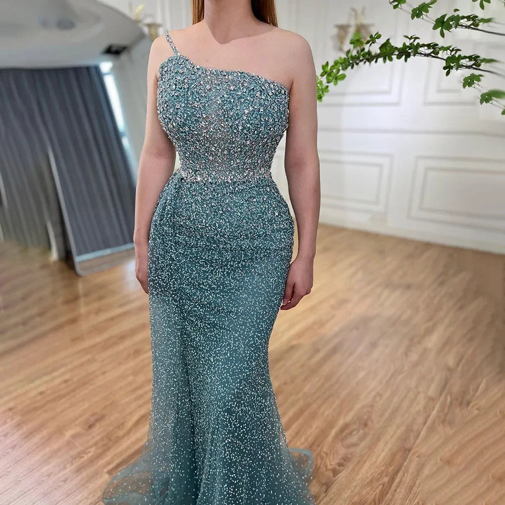 Sparkly Crystal Turquoise One Shoulder Evening Dress LA72144