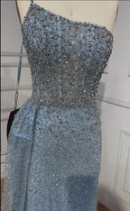 Sparkly Crystal Turquoise One Shoulder Evening Dress LA72144