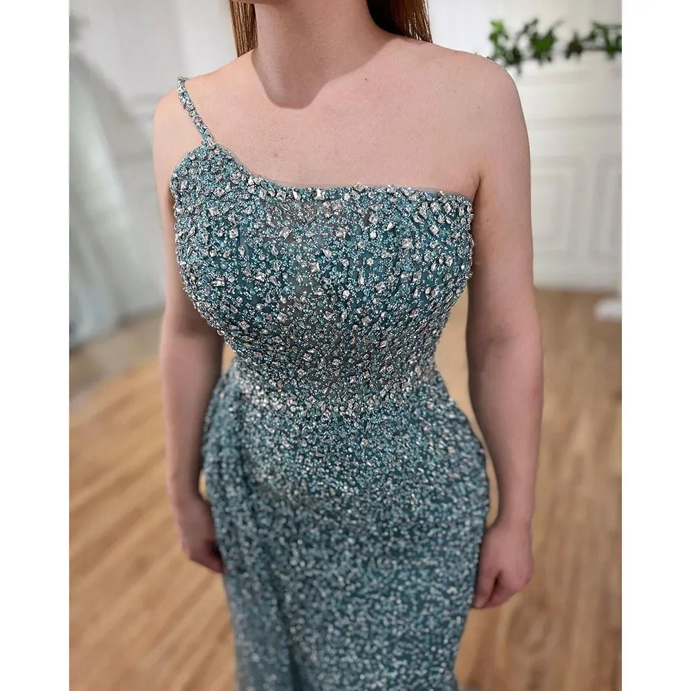 Sparkly Crystal Turquoise One Shoulder Evening Dress LA72144