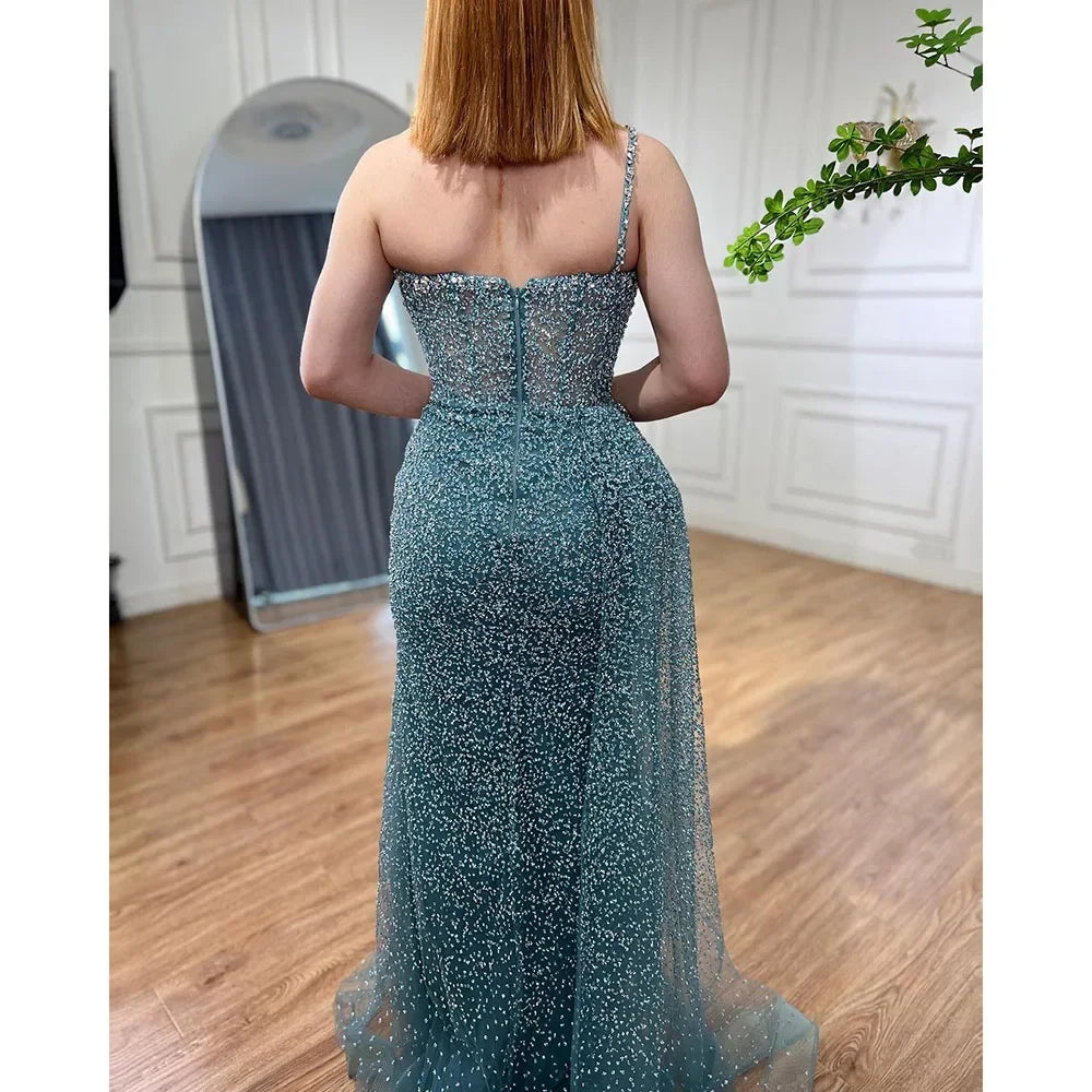 Sparkly Crystal Turquoise One Shoulder Evening Dress LA72144