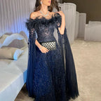 Off Shoulder Feathers Brown Evening Dress with Cape Sleeves LA72401