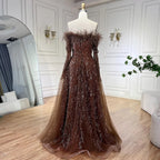 Off Shoulder Feathers Brown Evening Dress with Cape Sleeves LA72401