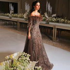 Off Shoulder Feathers Brown Evening Dress with Cape Sleeves LA72401