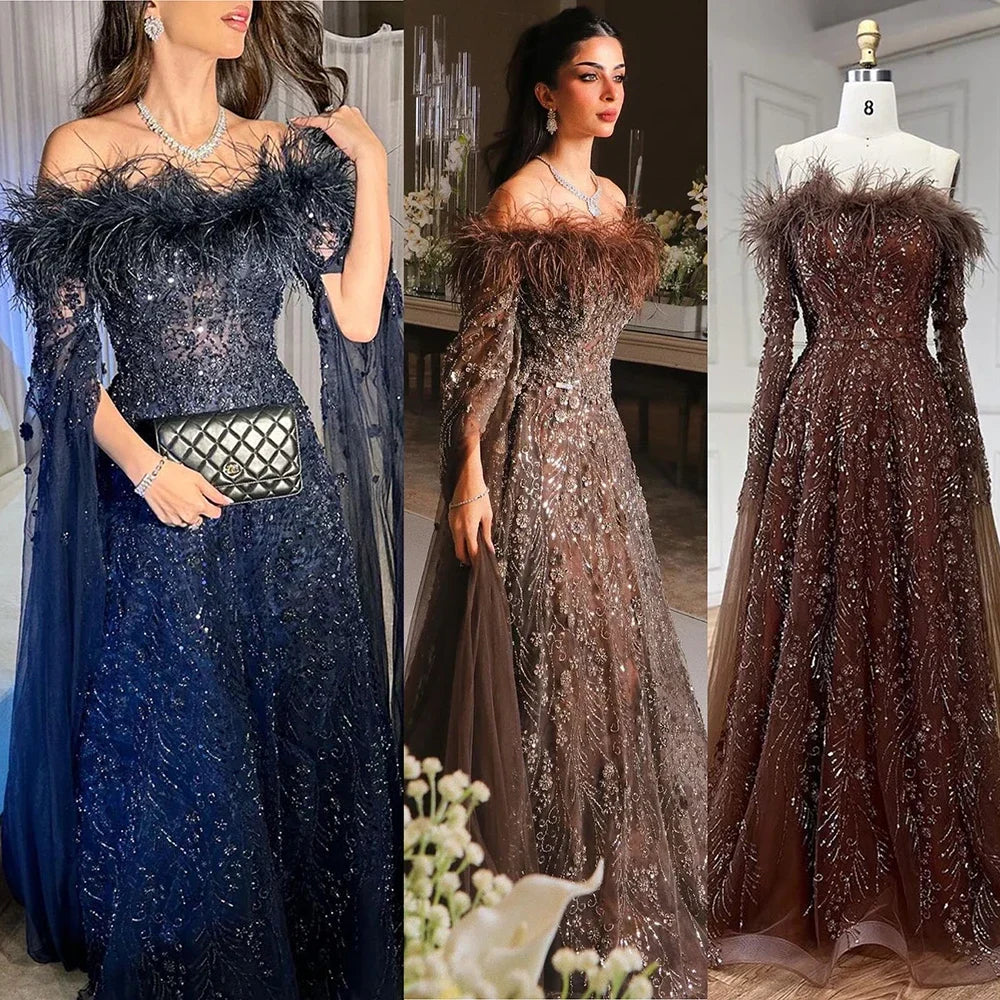 Off Shoulder Feathers Brown Evening Dress with Cape Sleeves LA72401