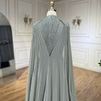 Modest Muslim Sage Green Evening Dress with Cape Long Sleeves LA72413A
