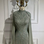 Modest Muslim Sage Green Evening Dress with Cape Long Sleeves LA72413A