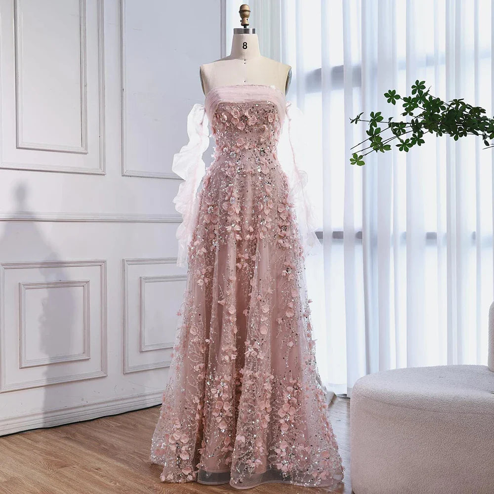 Elegant Pink 3D Flowers Evening Dress with Gloves LA72912