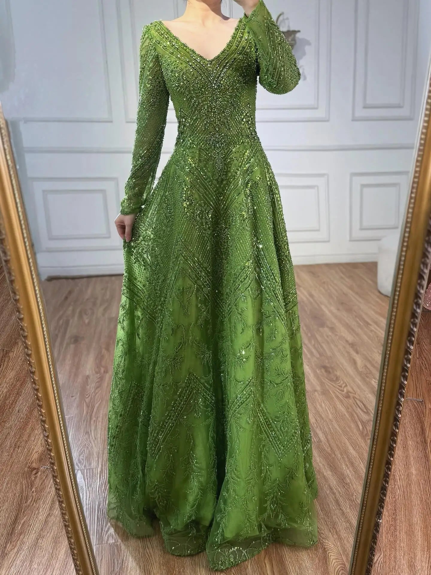 Luxury Lime Green Lace Beaded Long Sleeve Evening Dress LA73324 - SERENE HILL