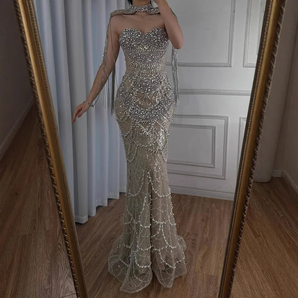 Nude Luxury Beaded Evening Dress with Tassel Short Cape LA72876