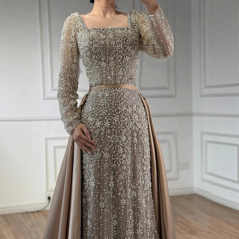 Luxury  Dubai Arabic Muslim Caramel Mermaid Beaded Evening Gown with Overskirt LA72533A