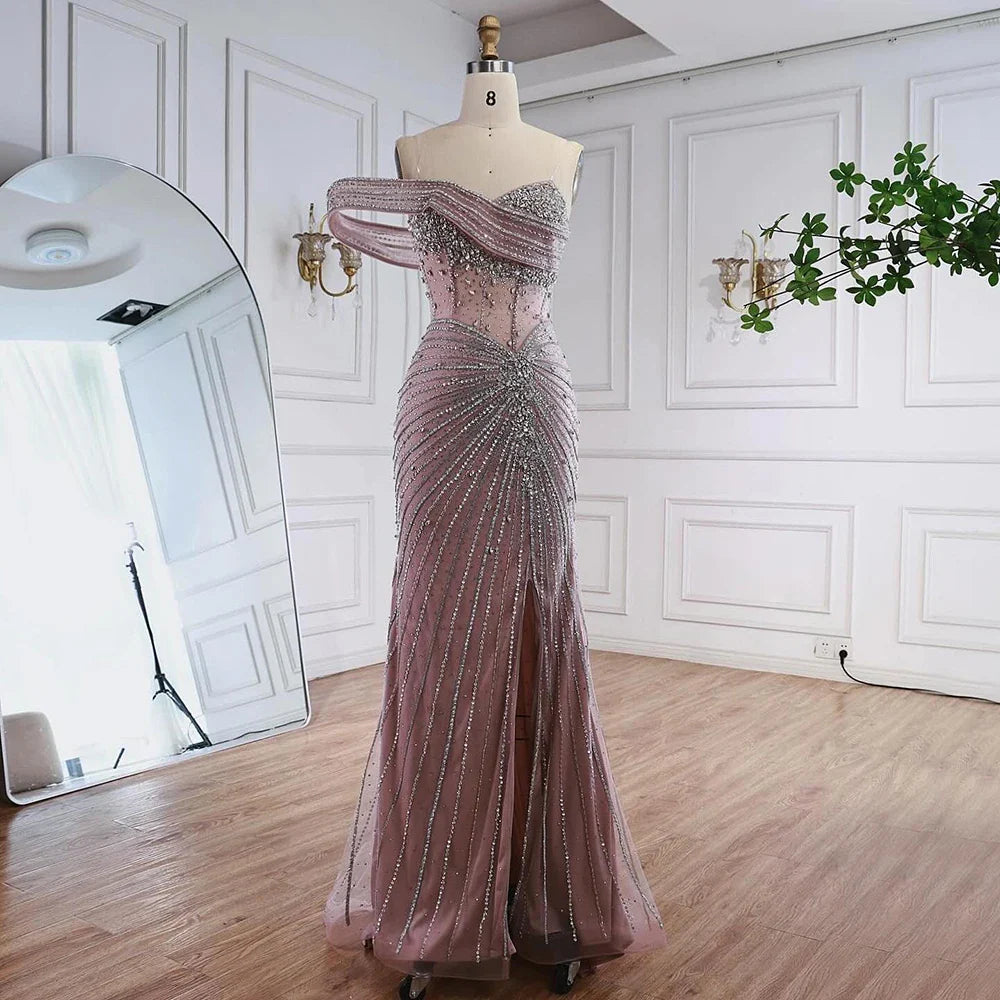 Luxury Pink Crystal One Shoulder Beaded Evening Dress Split LA73197 - SERENE HILL