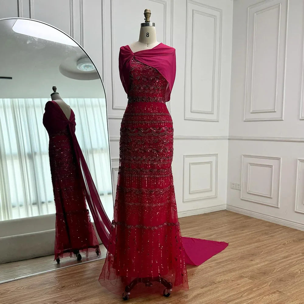 Luxury Sage Green Beaded Evening Dress with Cape LA72126B