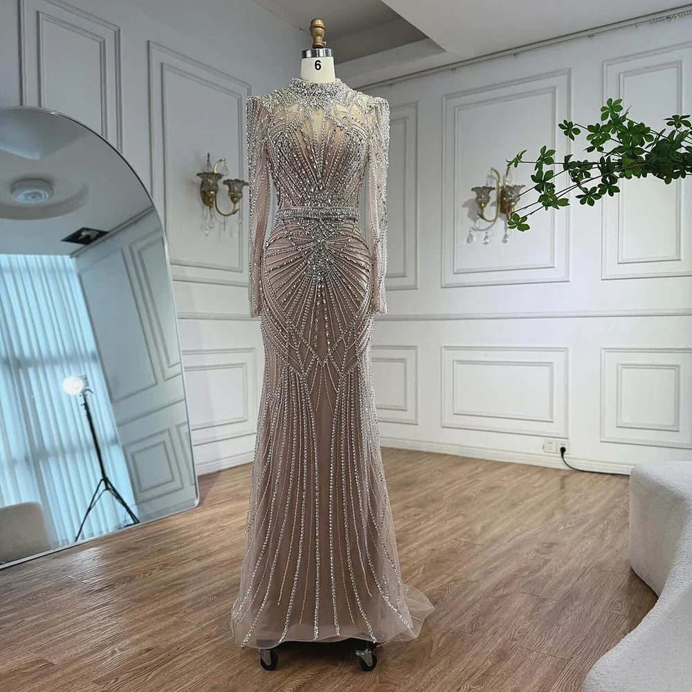 Modest Caramel High Collar Evening Dress for Wedding Guest LA73203 - SERENE HILL
