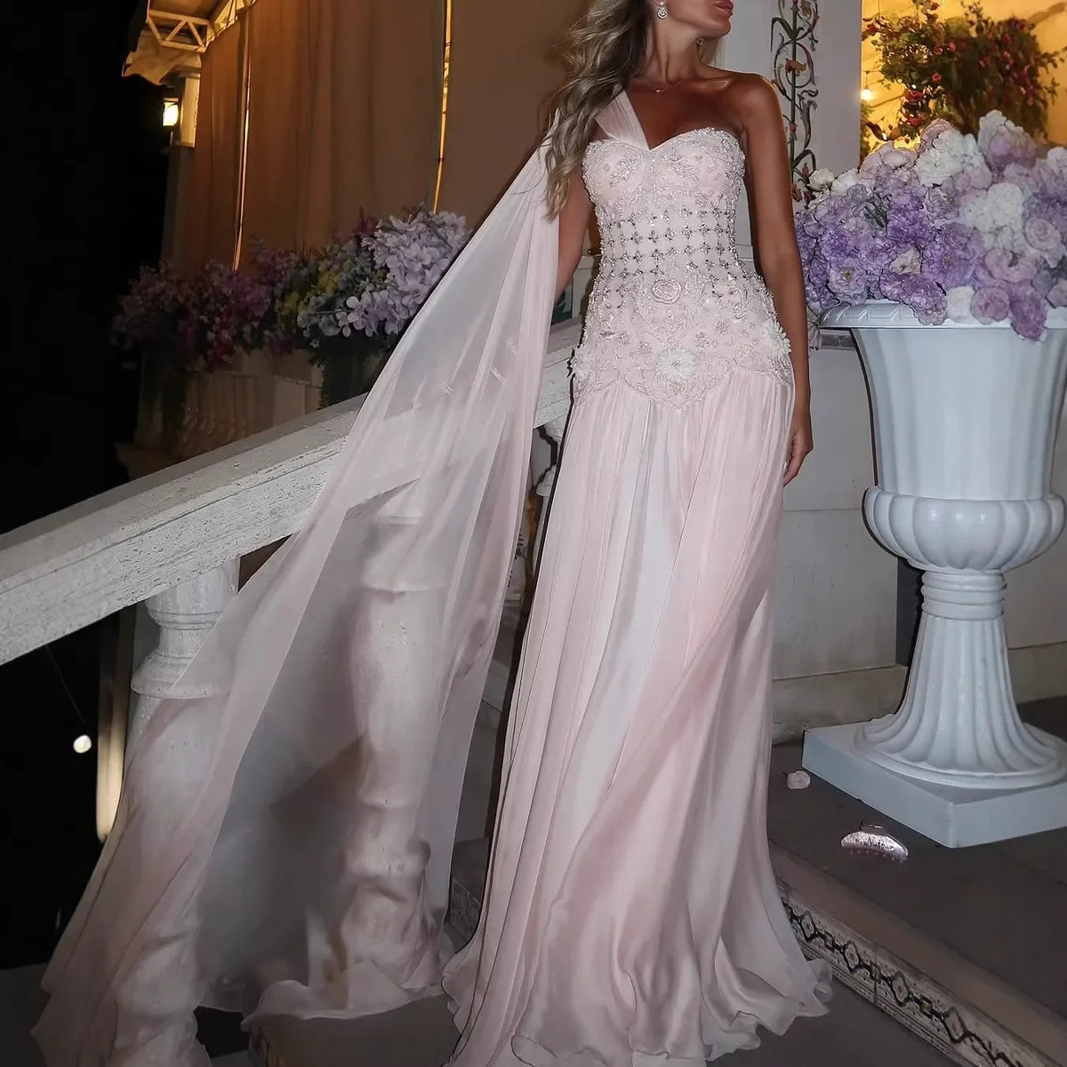 Luxury Pink Arabic Floral chiffon Evening Dress With Cape LA73451