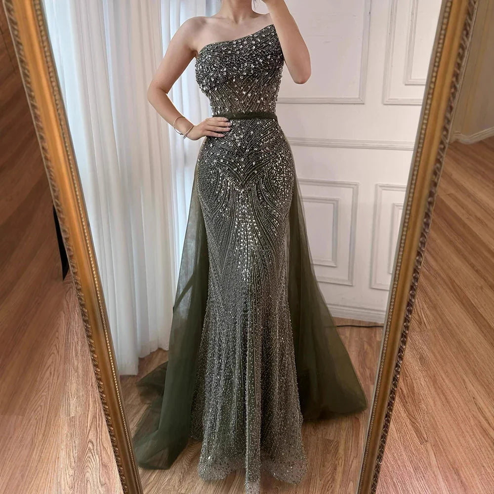 Luxury Olive Green Beaded Mermaid Evening Dress with Detachable Overskirt LA73164A