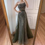Luxury Olive Green Beaded Mermaid Evening Dress with Detachable Overskirt LA73164A